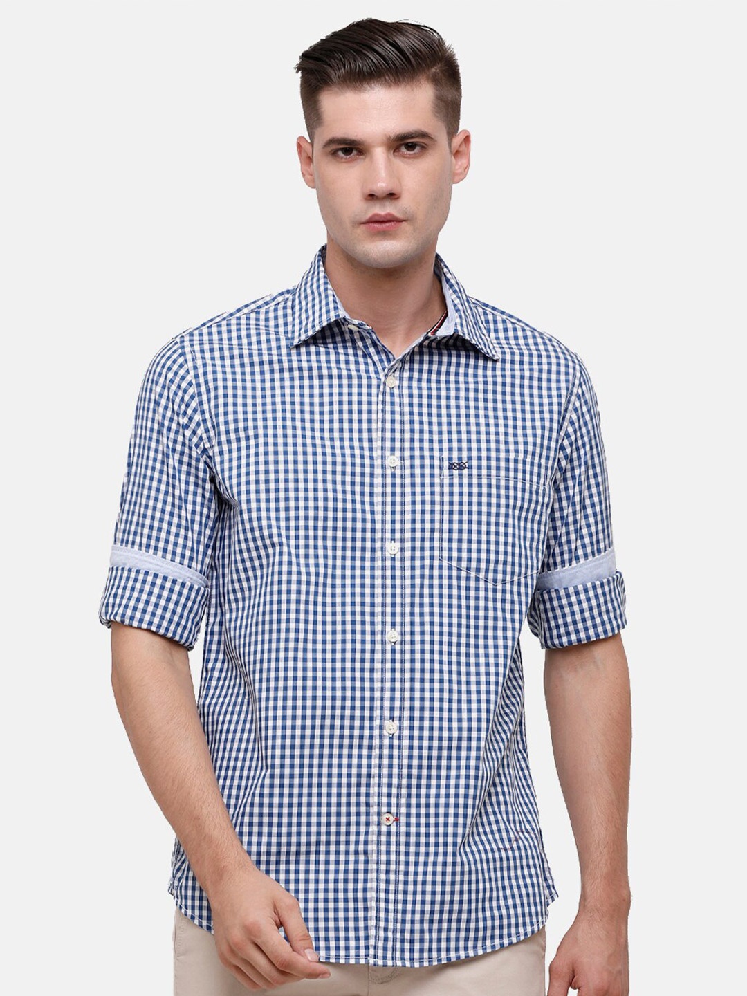 

Double Two Men Blue Slim Fit Gingham Checks Cotton Casual Shirt