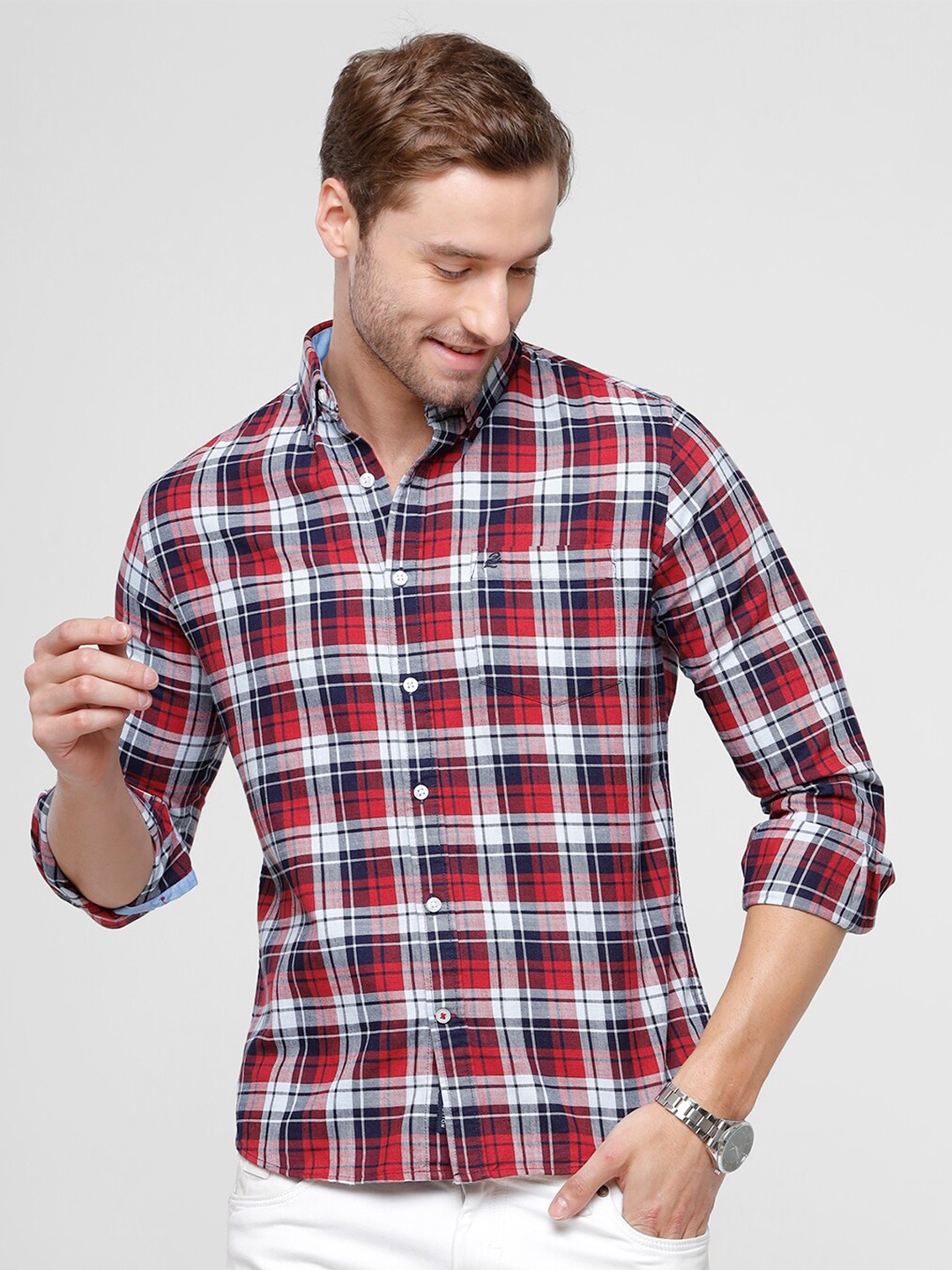 

Double Two Men Red Cotton Slim Fit Tartan Checks Checked Casual Shirt