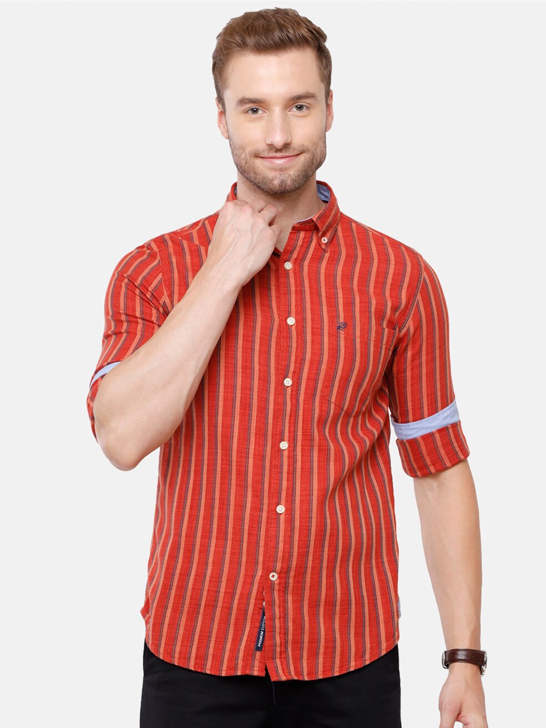 

Double Two Men Orange Striped Cotton Casual Shirt