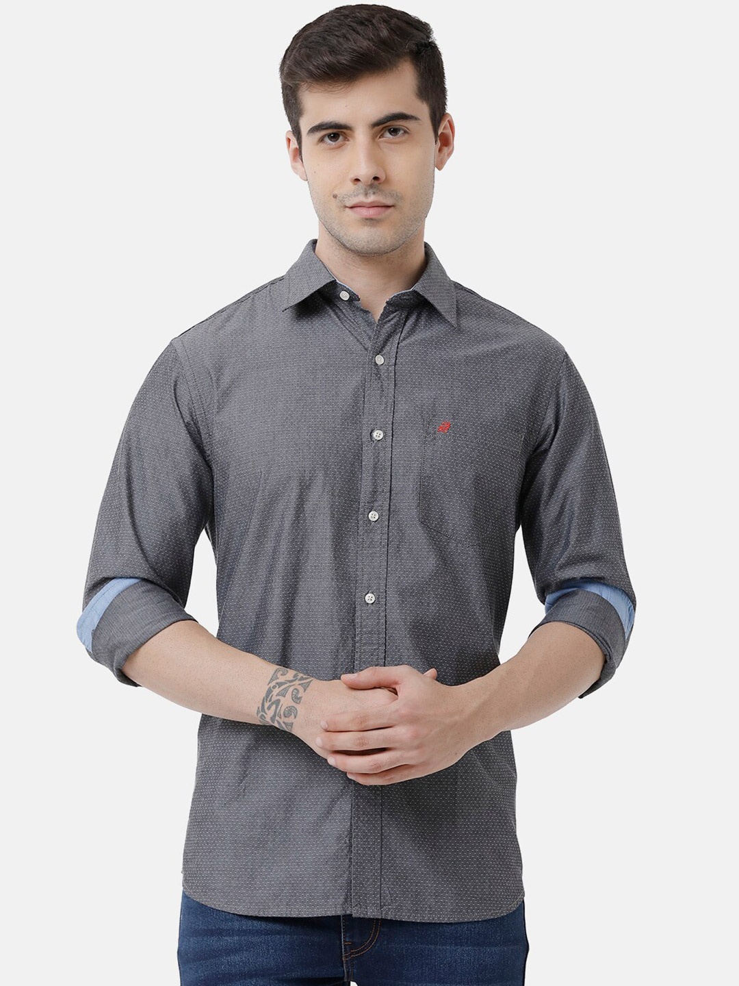 

Double Two Men Grey Slim Fit Solid Cotton Casual Shirt