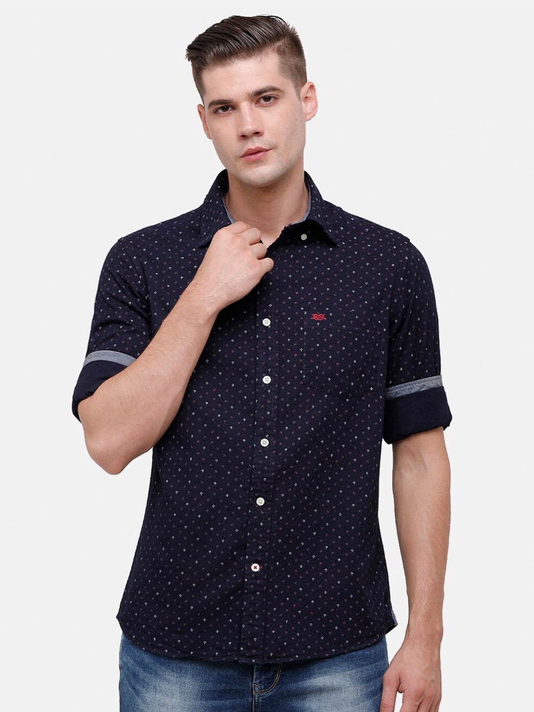 

Double Two Men Blue Slim Fit Printed Casual Cotton Shirt
