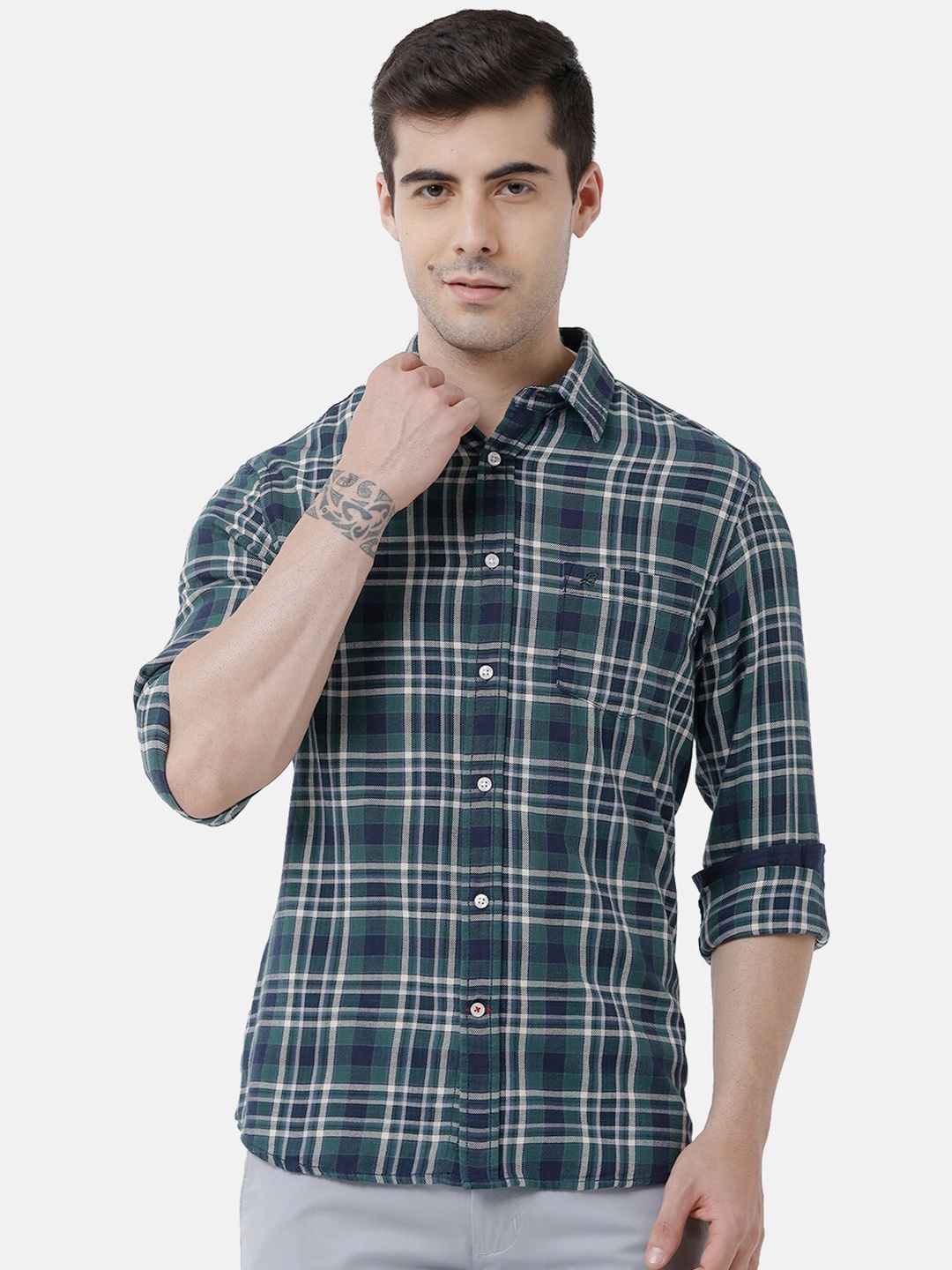 

Double Two Men Green Slim Fit Tartan Checked Cotton Casual Shirt