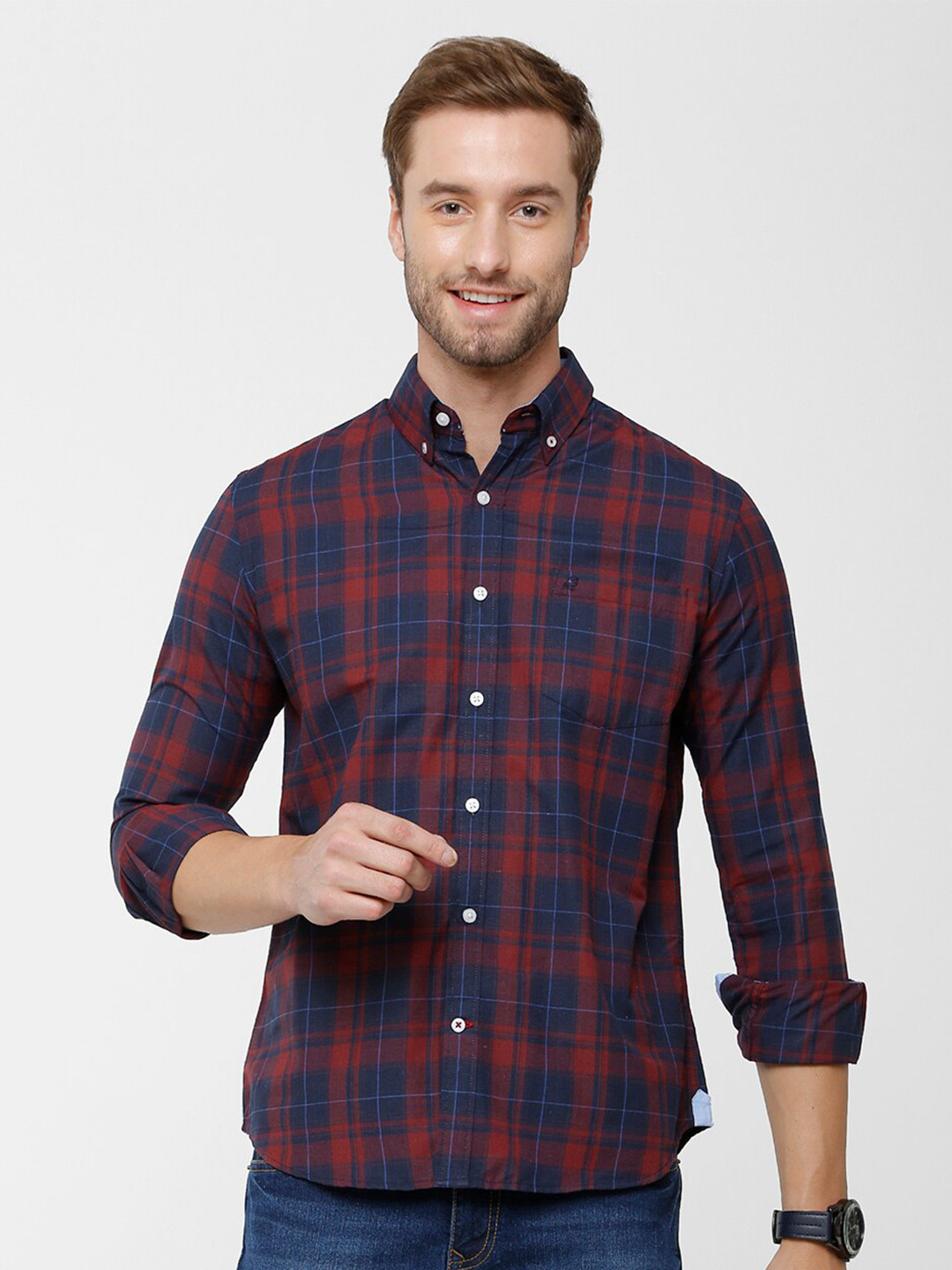 

Double Two Men Red Slim Fit Checked Cotton Casual Shirt