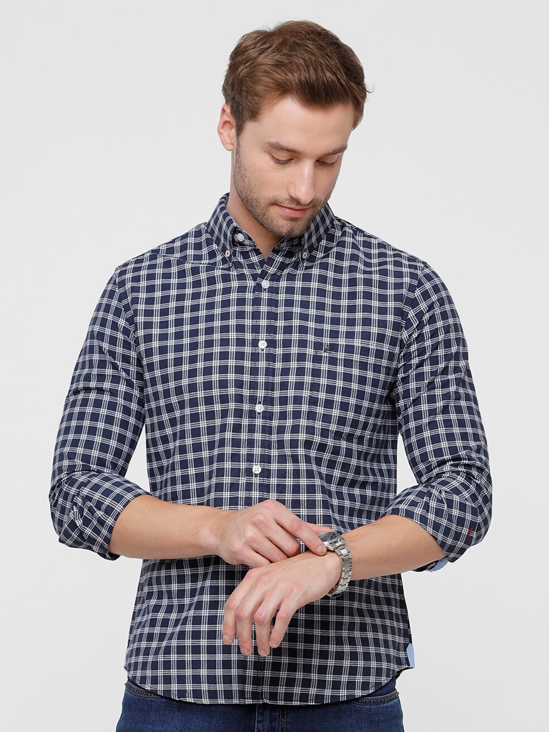 

Double Two Men Navy Blue Slim Fit Gingham Checks Checked Casual Shirt