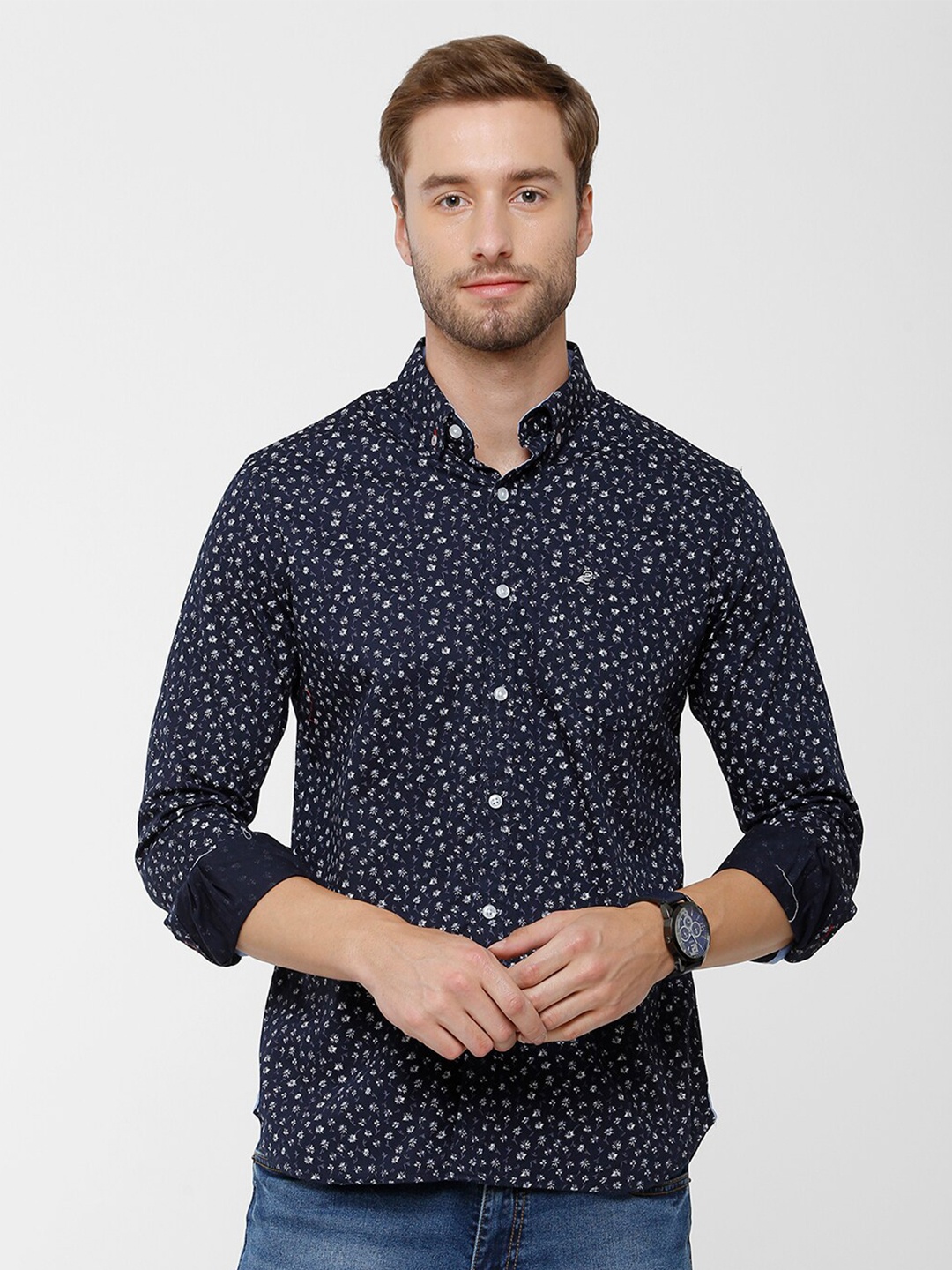 

Double Two Men Blue Slim Fit Floral Printed Cotton Casual Shirt