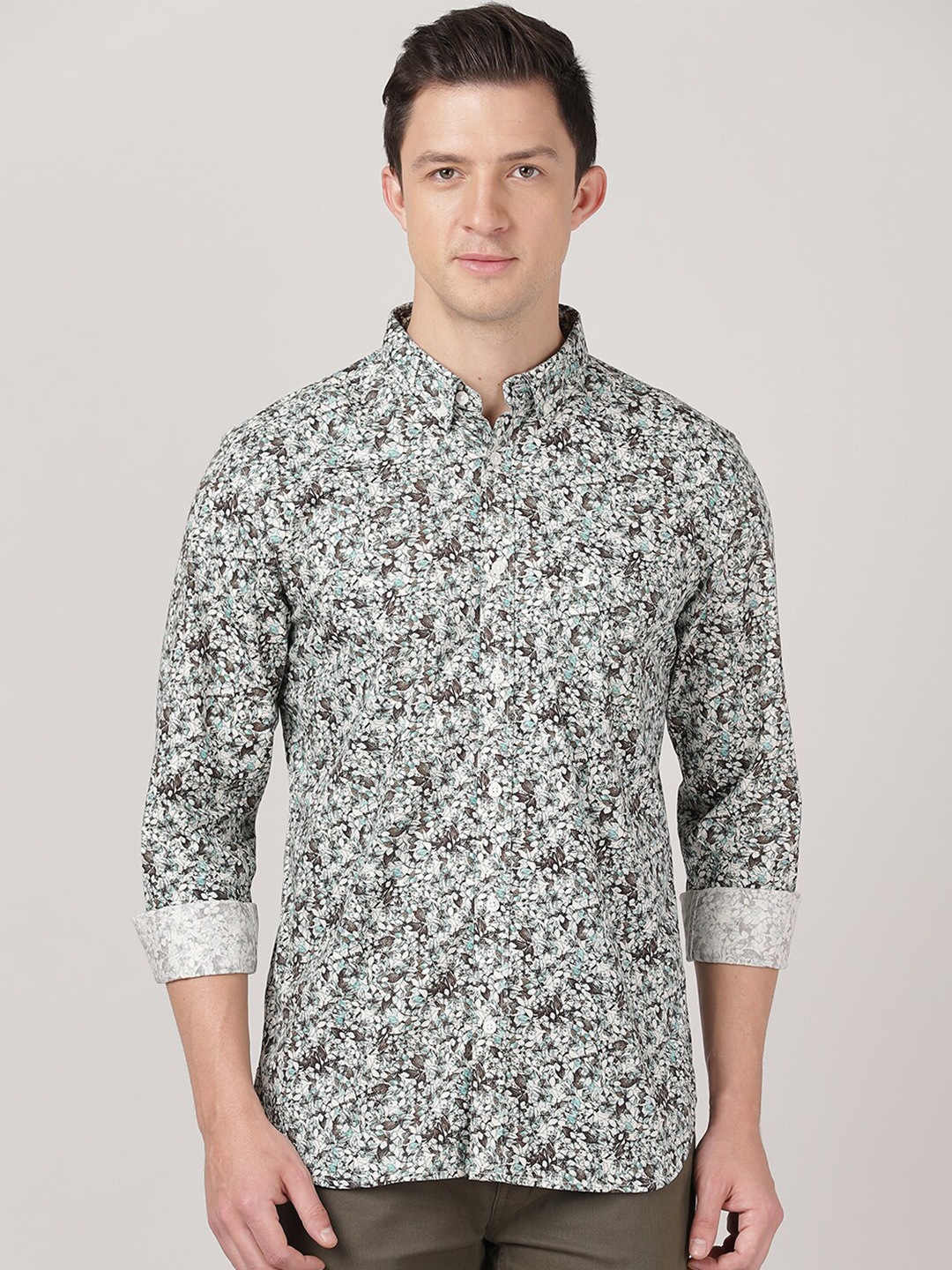 

MERCHANT MARINE Men Brown & White Slim Fit Floral Printed Cotton Casual Shirt