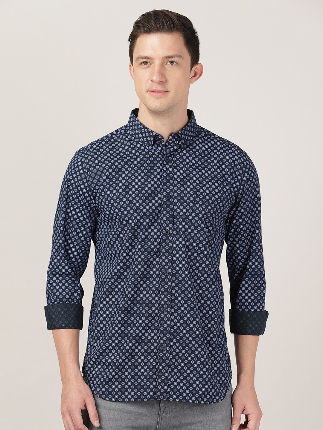 

MERCHANT MARINE Men Navy Blue Classic Slim Fit Printed Casual Shirt