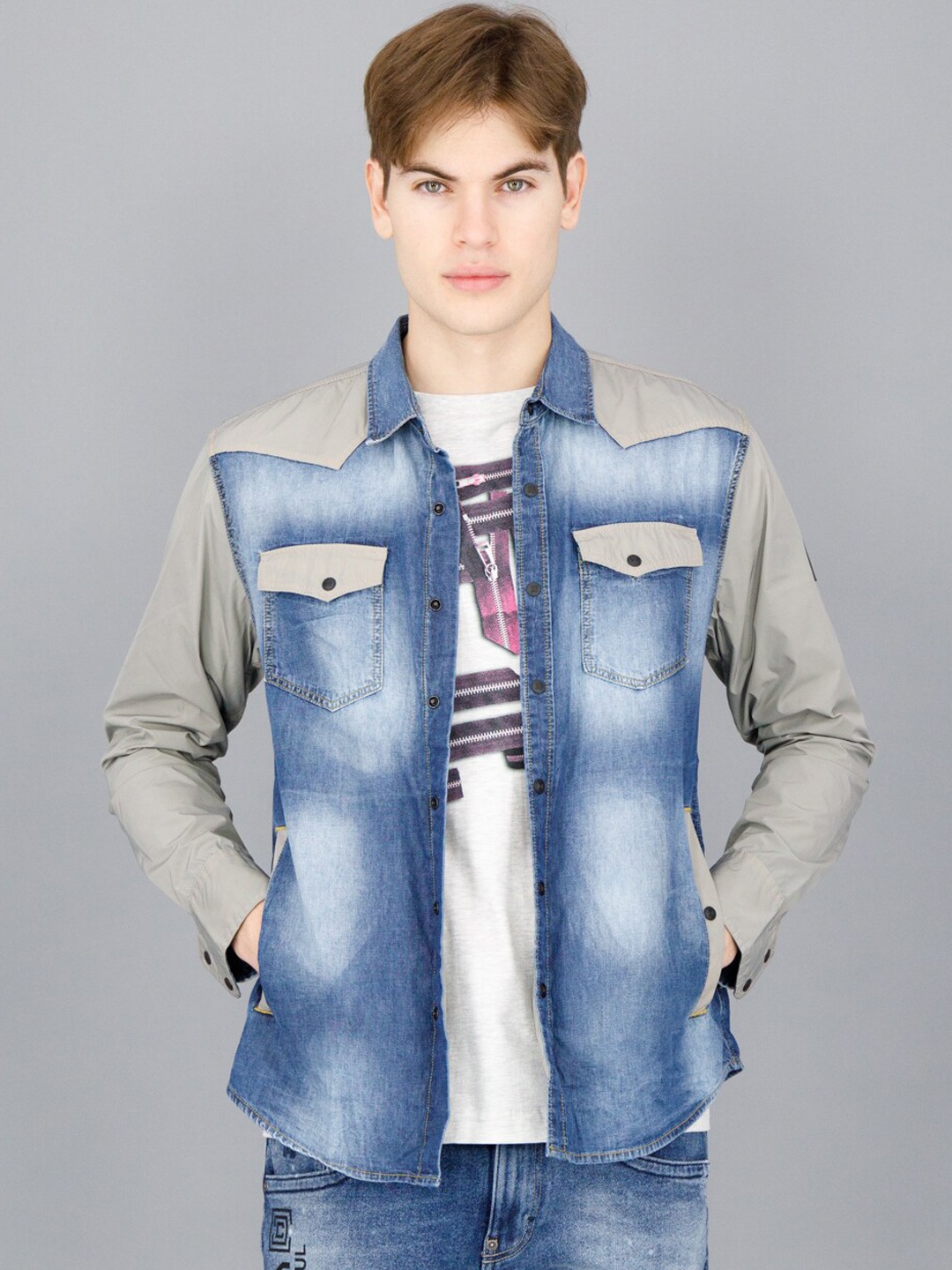 

FREESOUL Men Blue & Beige Washed Denim Cotton Jacket