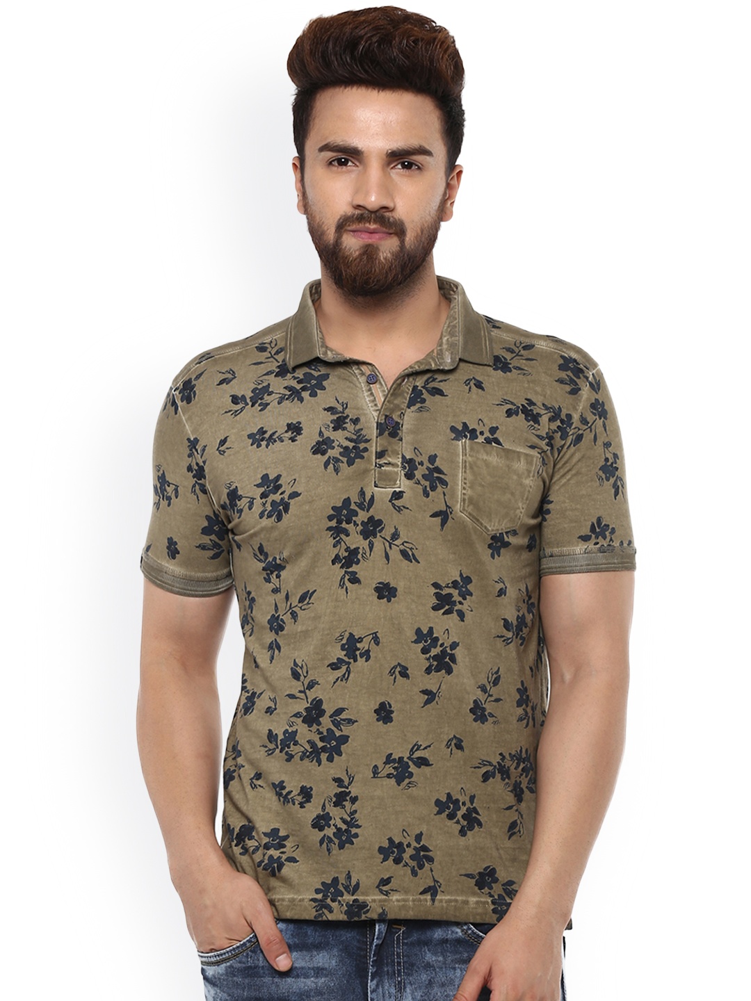 

Mufti Men Khaki Printed Polo Collar T-shirt