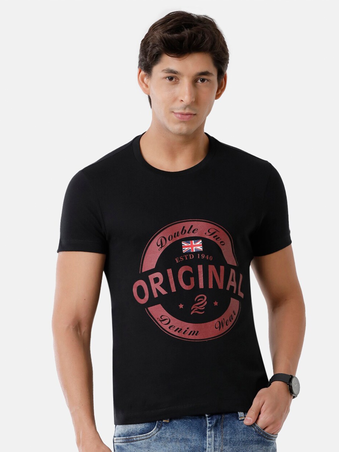 

Double Two Men Black Typography Printed Slim Fit Cotton T-shirt