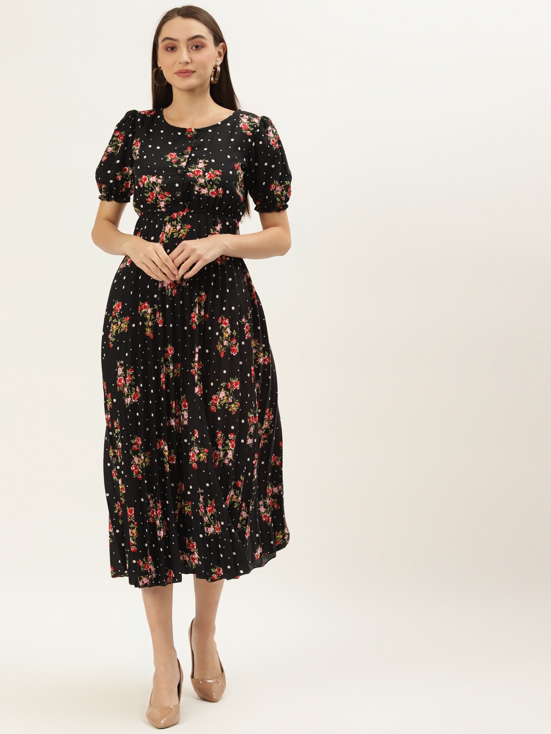 

U&F Black & Red Floral Crepe Midi Dress