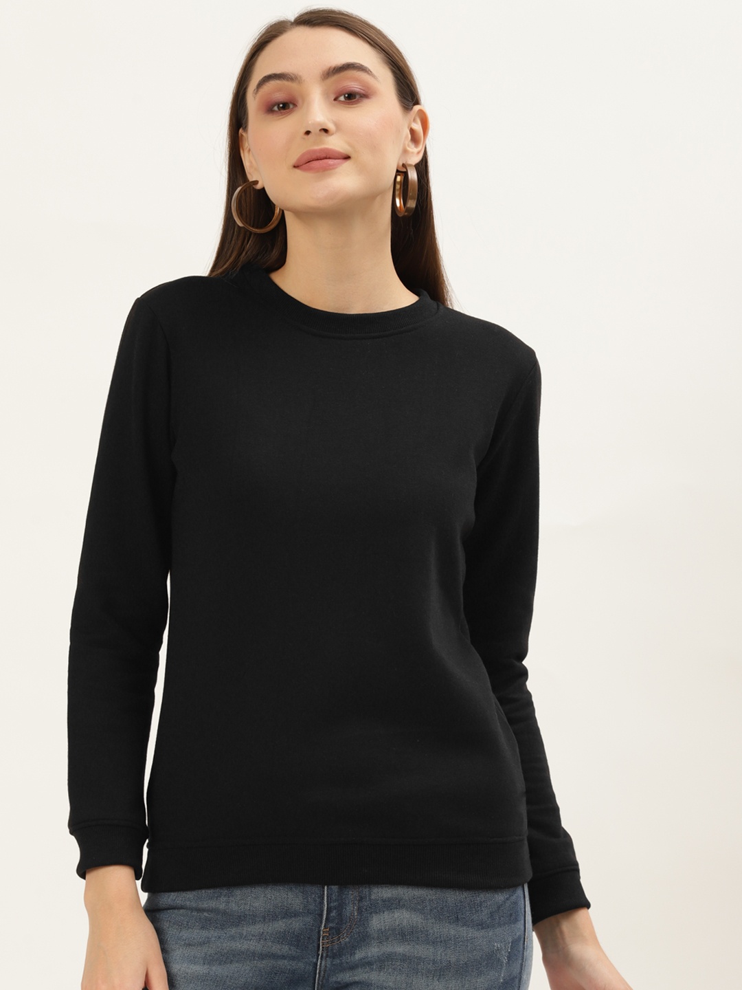 

U&F Women Black Solid Pullover Sweatshirt