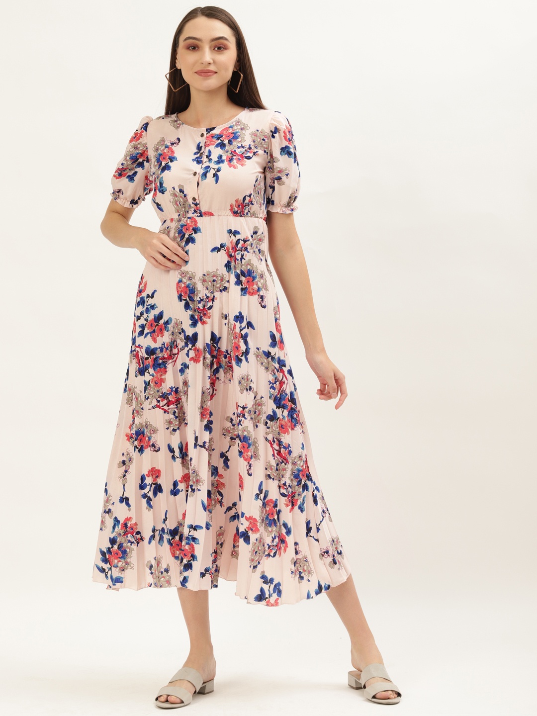 

U&F Peach-Coloured Floral Crepe Midi Dress