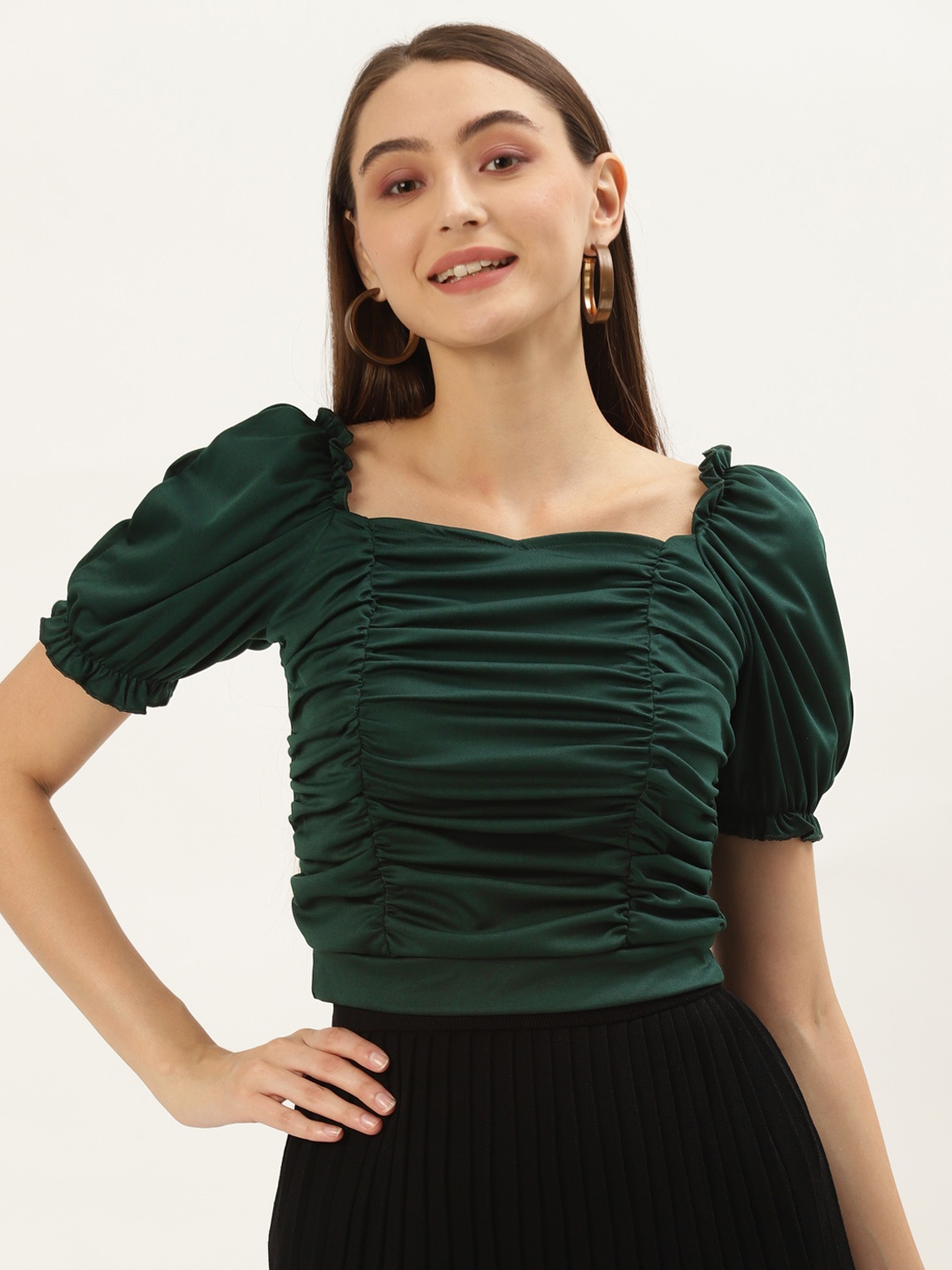 

U&F Women Green Solid Sweetheart Neck Top