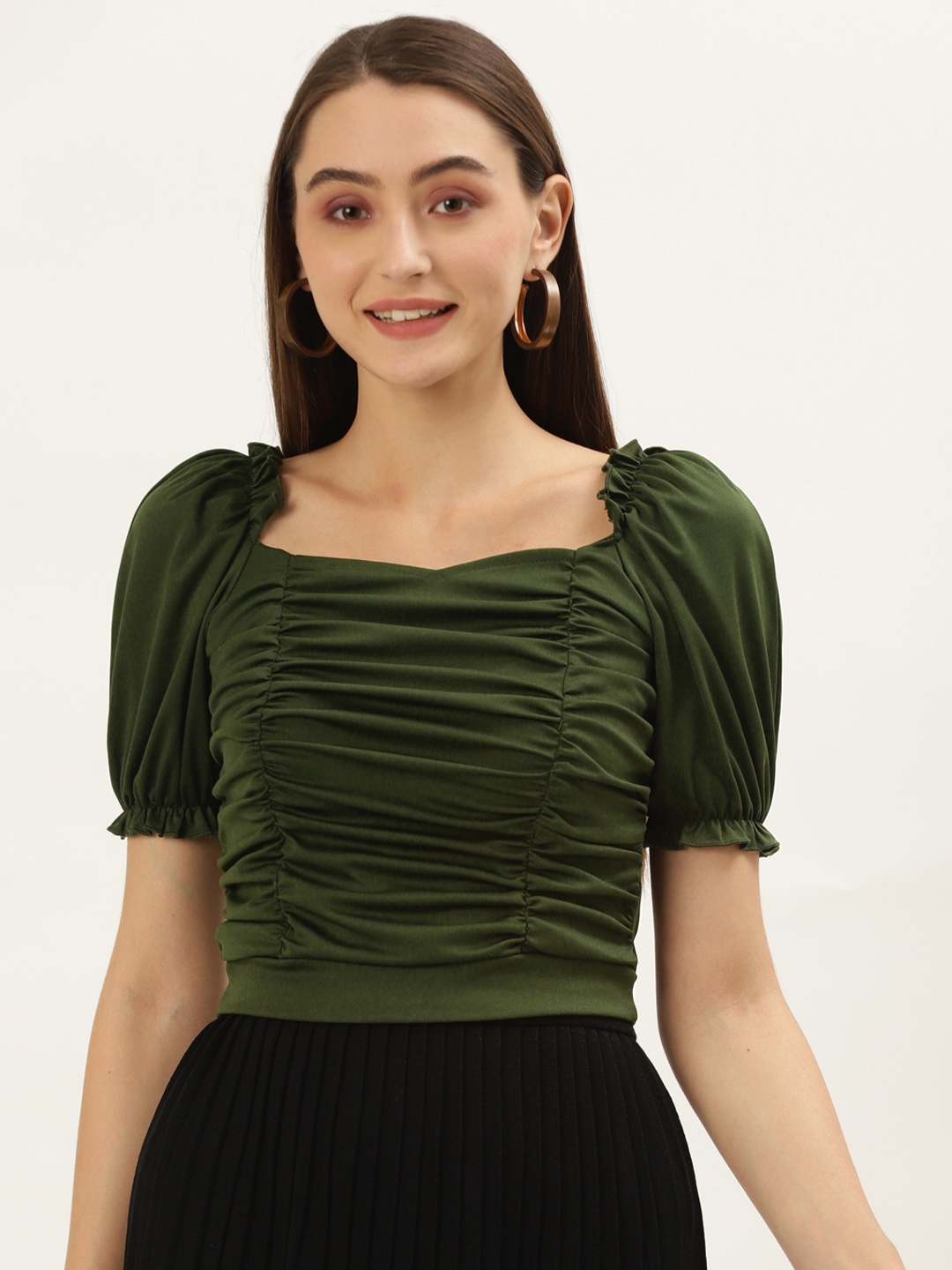 

U&F Women Olive Green Sweetheart Neck Top