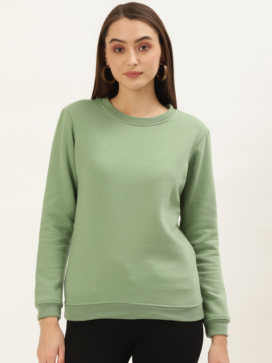 

U&F Women Green Solid Round Neck Sweatshirt