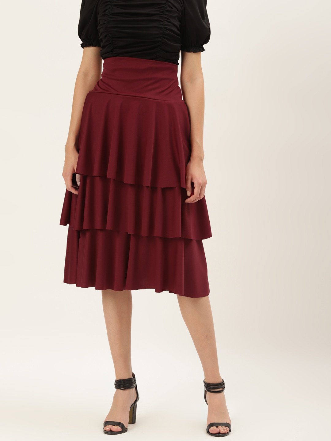 

U&F Women Maroon Solid Flared Knee Length Skirt