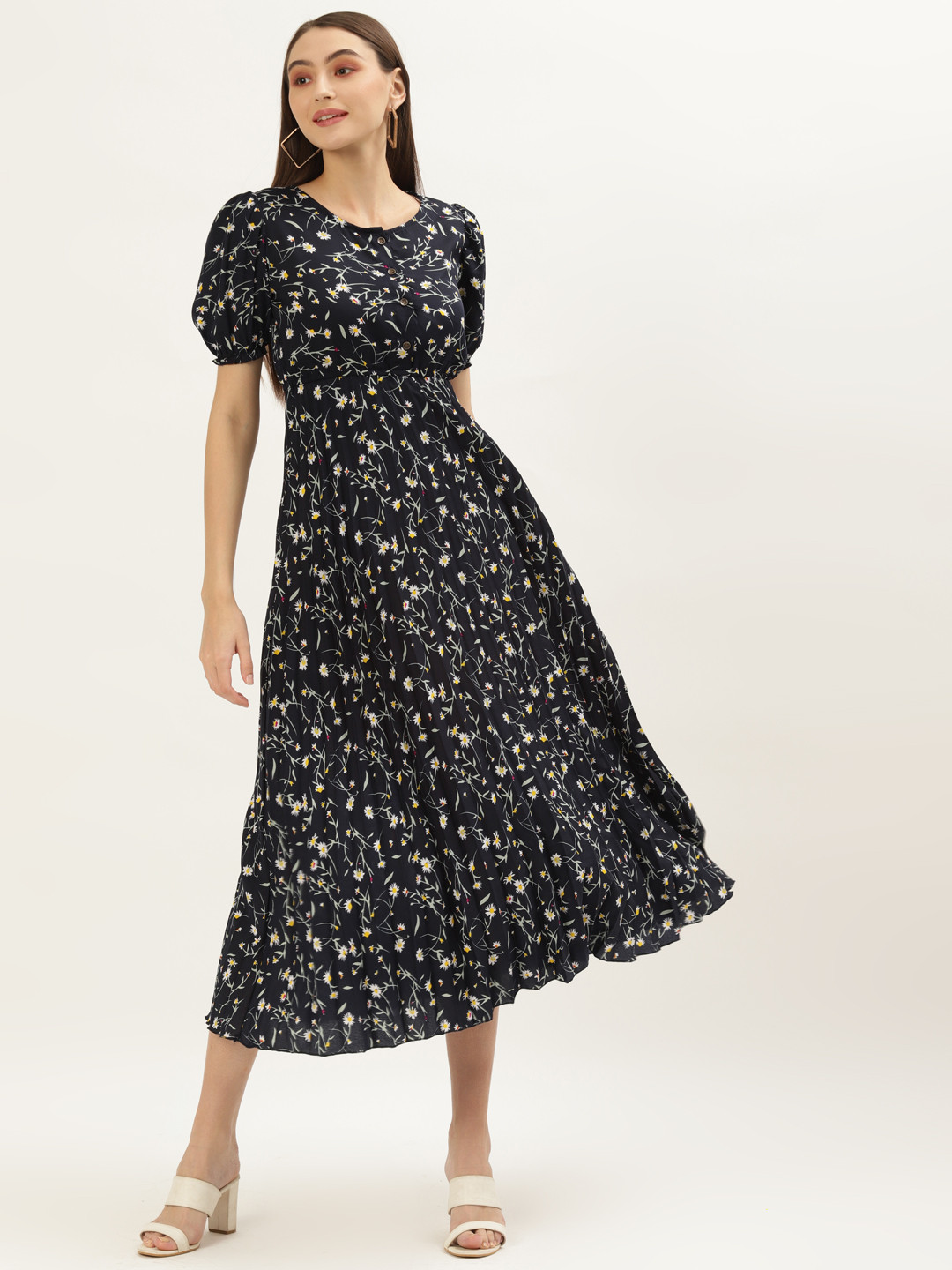 

U&F Blue Floral Crepe Midi Dress