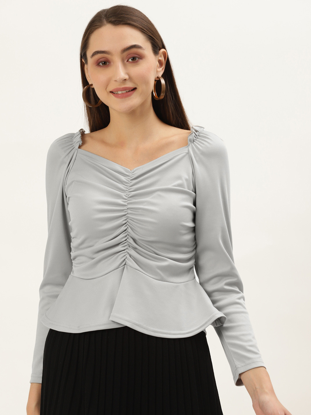 

U&F Women Grey Sweetheart Neck Peplum Top