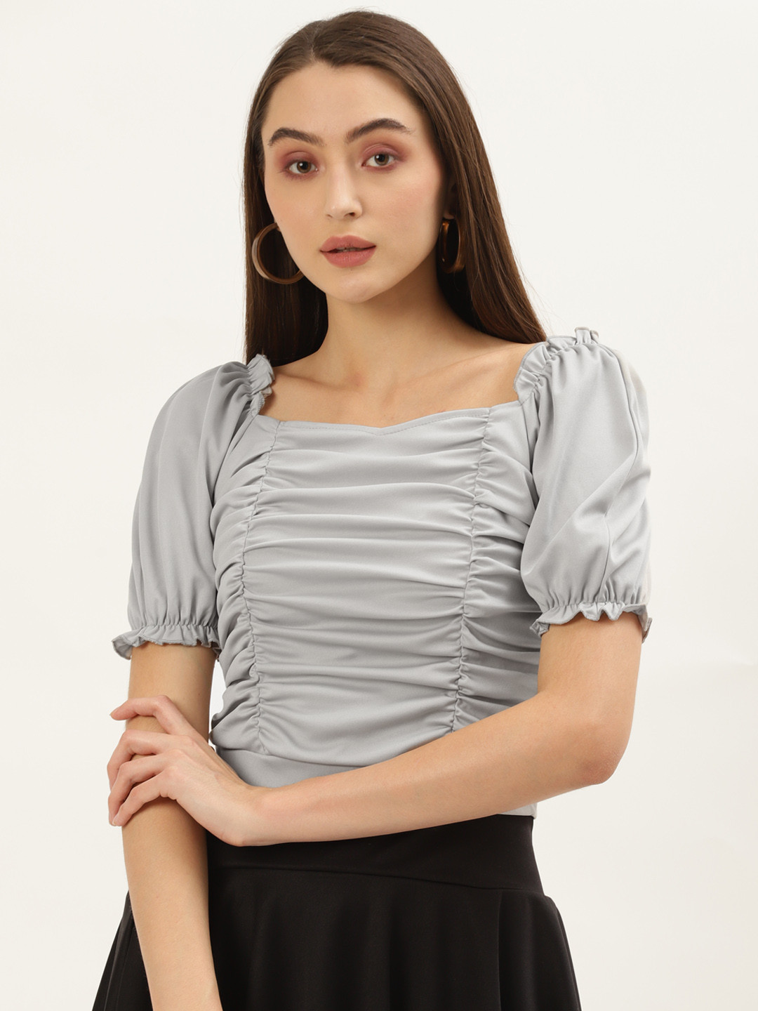 

U&F Women Grey Solid Puff Sleeves Top