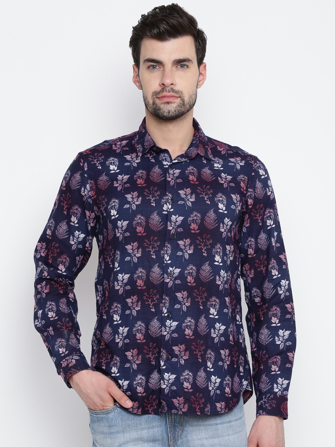 

Blackberrys Men Navy Slim Fit Printed Casual Shirt, Navy blue