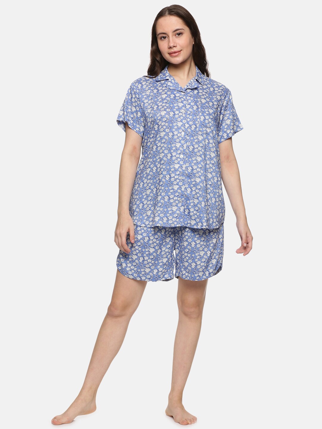 

DON VINO Women Blue & White Printed Pure Cotton Night Suit