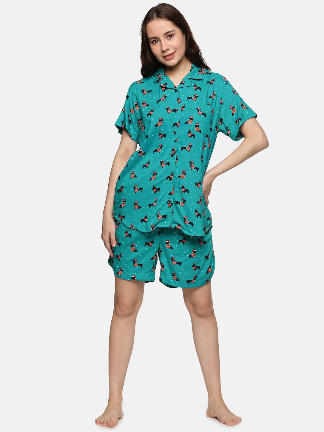 

DON VINO Women Green Printed Pure Cotton Night Suit