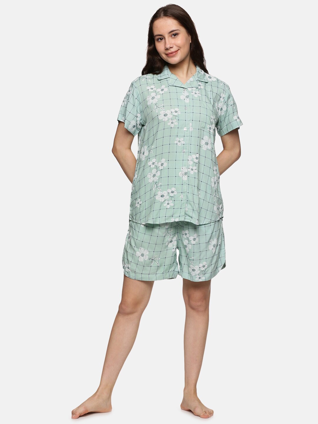 

DON VINO Women Green Printed Pure Cotton Shirt with Shorts