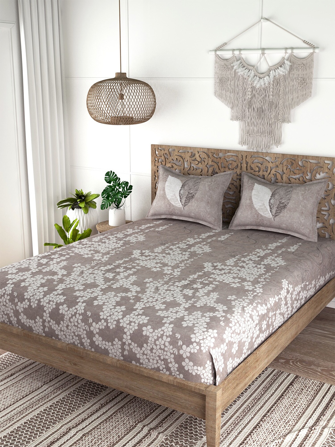 

EverHOME Grey & White Floral 210 TC King Cotton Bedsheet with 2 Pillow Covers