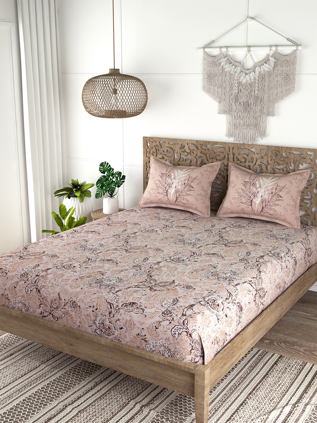 

EverHOME White & Peach Ethnic Motifs 210 TC Cotton King Bedsheet with 2 Pillow Covers