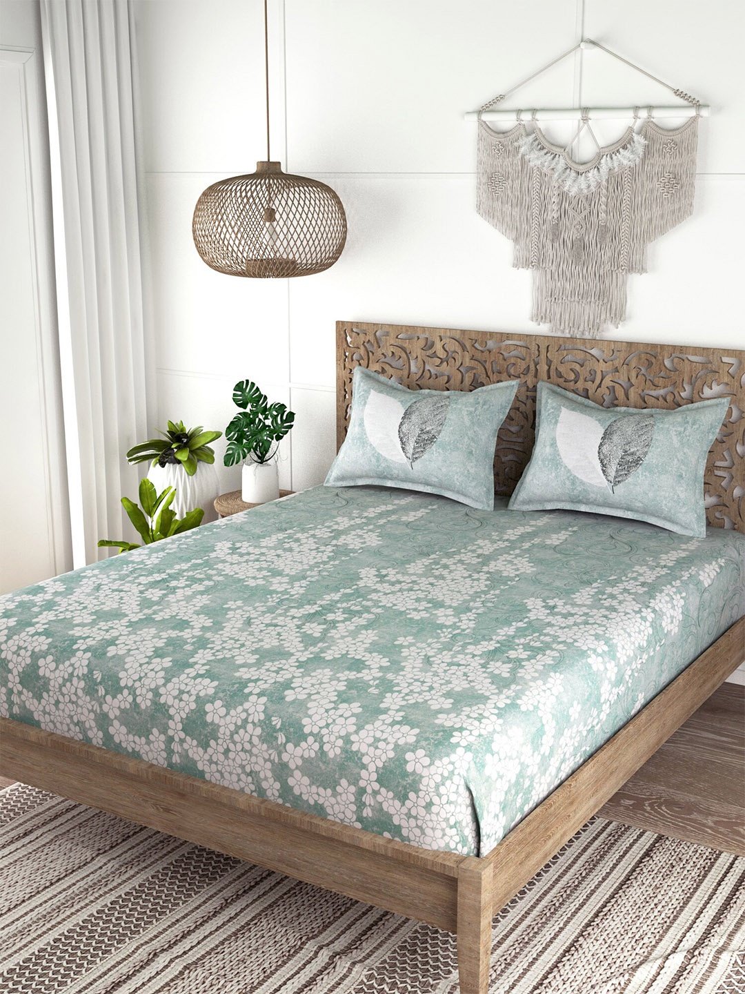 

EverHOME Green & White Floral 210 TC King Bedsheet with 2 Pillow Covers