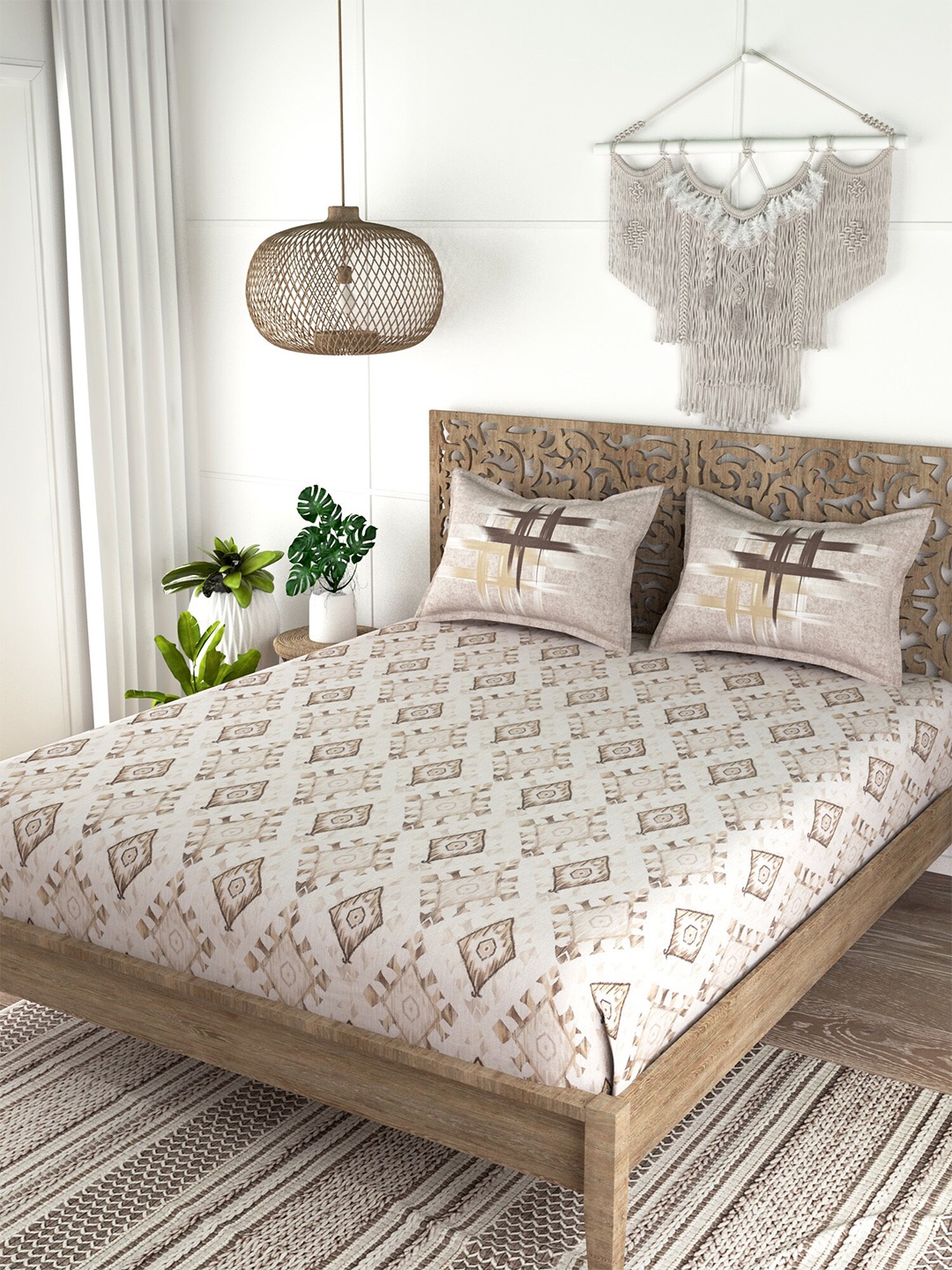 

EverHOME White & Brown Geometric 210 TC King Bedsheet with 2 Pillow Covers