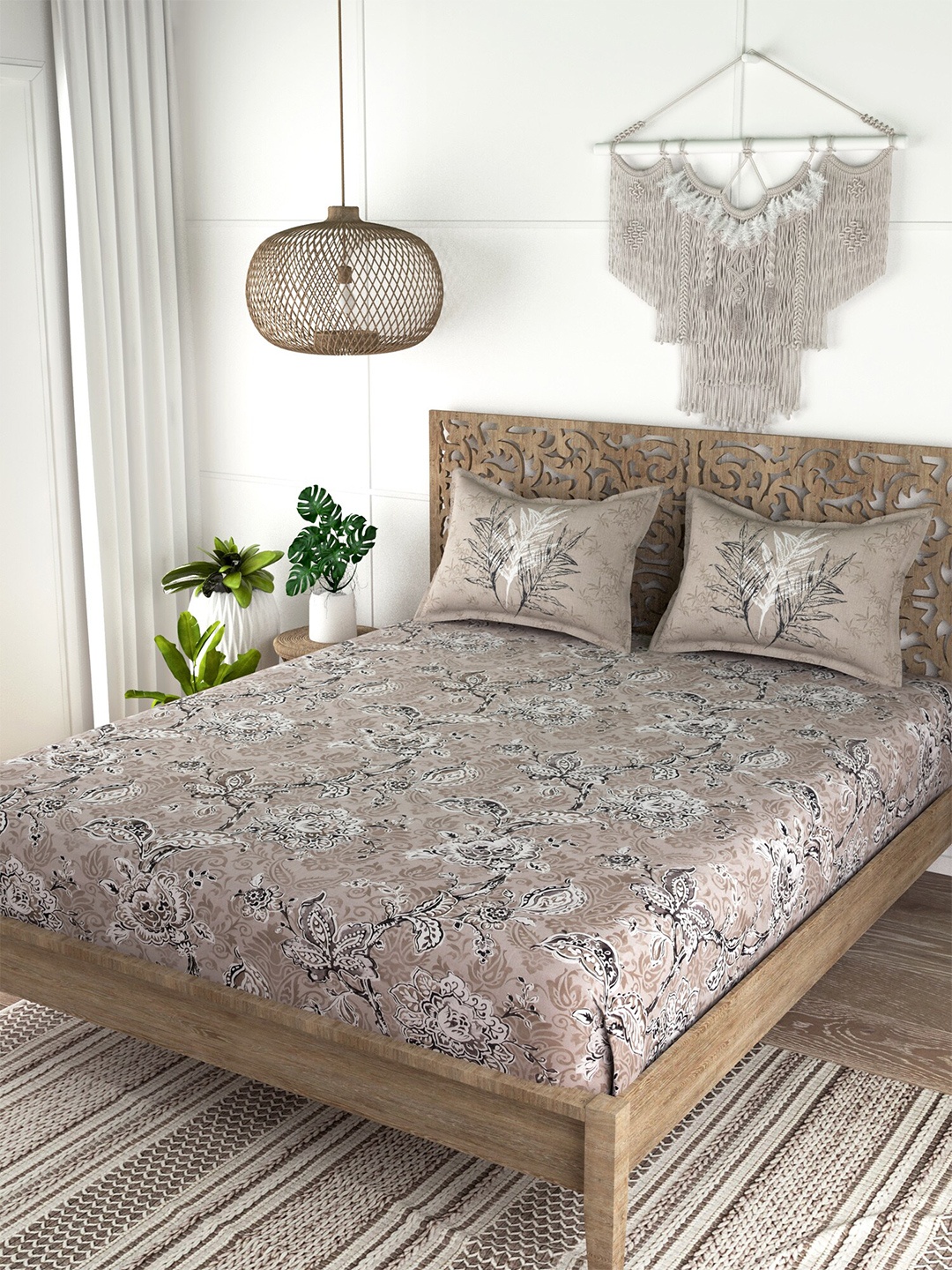 

EverHOME White & Grey Floral 210 TC King Cotton Bedsheet with 2 Pillow Covers
