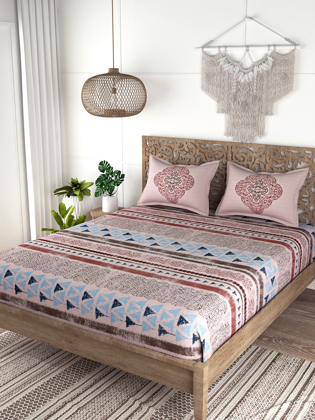 

EverHOME White & Brown 210 TC King Cotton Bedsheet with 2 Pillow Covers