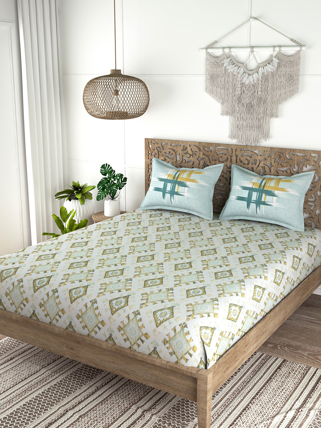 

EverHOME Olive Green & Mustard Printed 210 TC King Bedsheet with 2 Pillow Covers