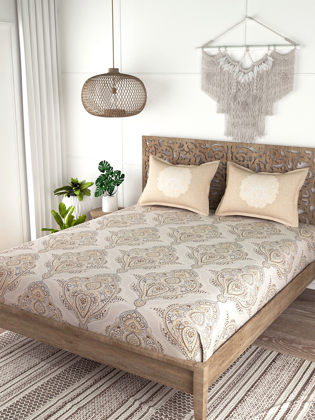 

EverHOME Beige & Brown Ethnic Motifs 210 TC King Bedsheet with 2 Pillow Covers