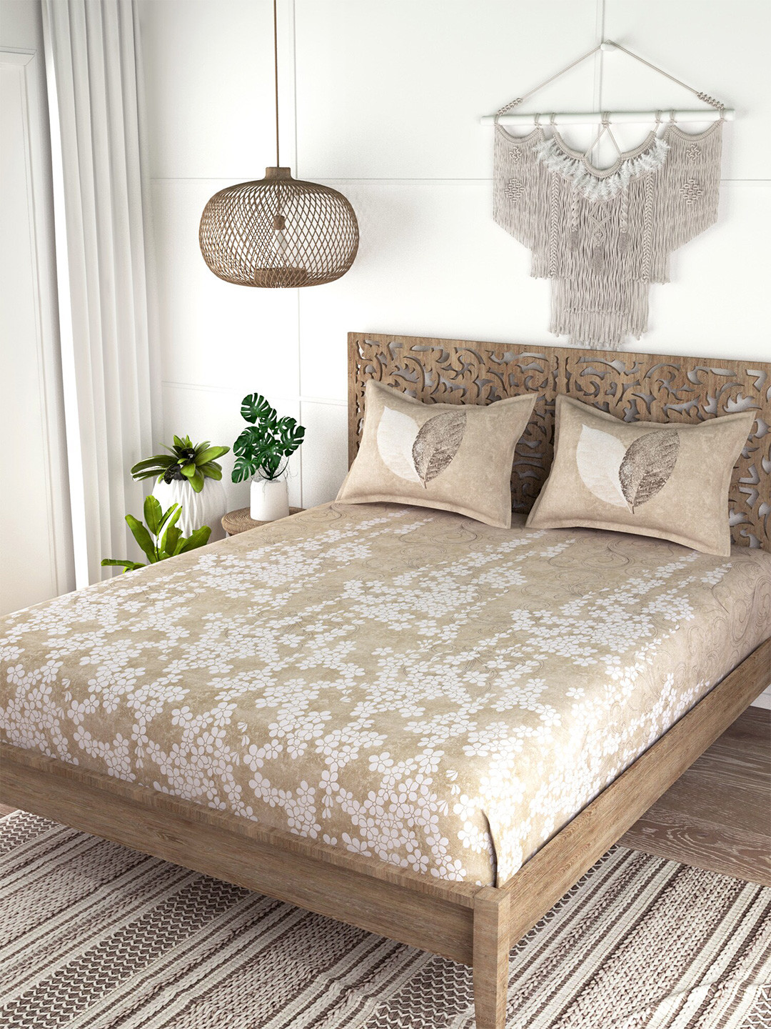 

EverHOME Beige & White Floral 210 TC King Bedsheet with 2 Pillow Covers