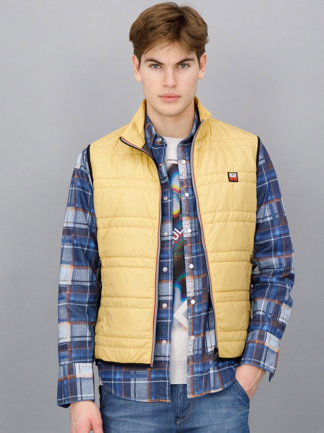 

FREESOUL Men Beige Crop Bomber Jacket