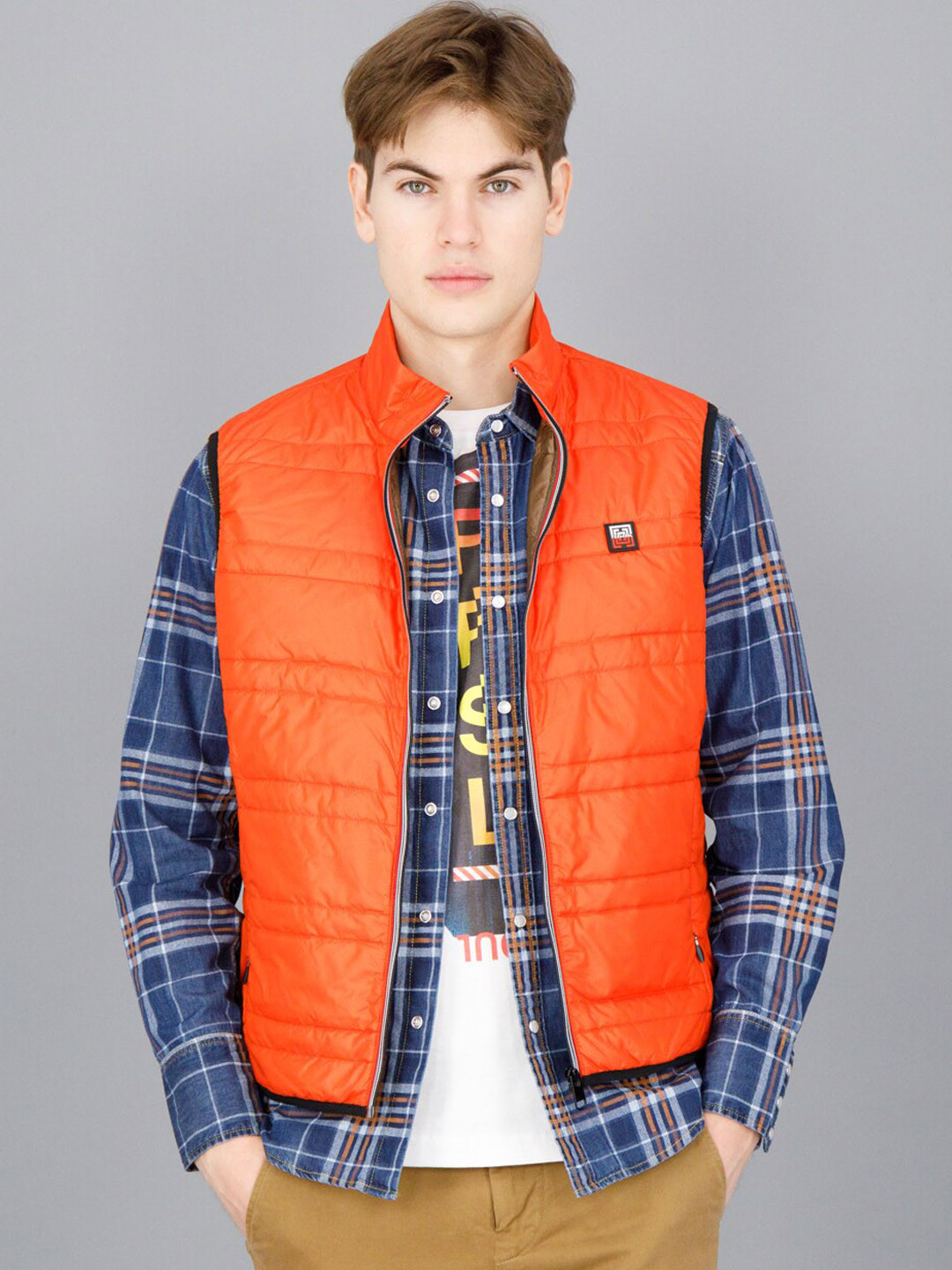 

FREESOUL Men Orange Crop Bomber Jacket