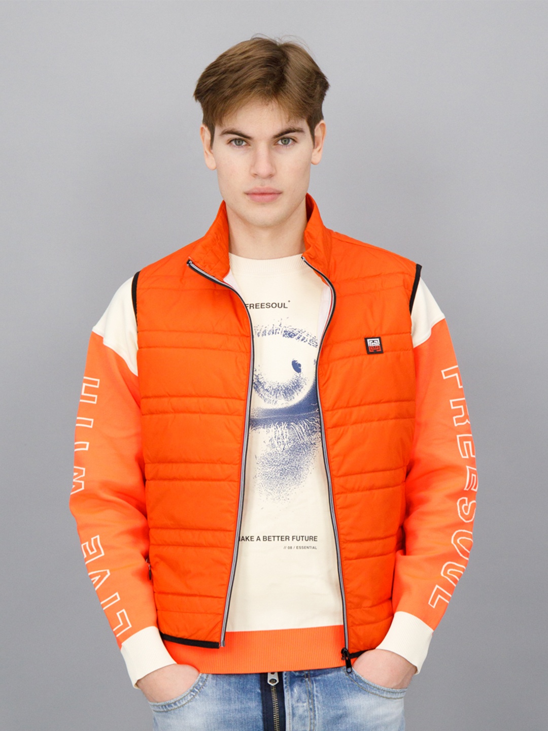 

FREESOUL Men Orange Crop Puffer Jacket
