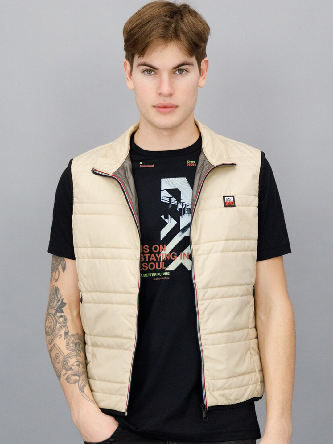 

FREESOUL Men Beige Bomber Jacket