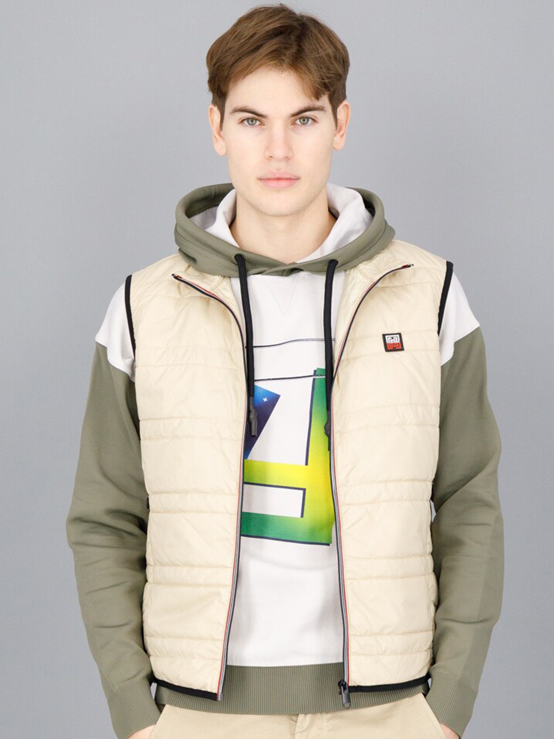 

FREESOUL Men Beige & Green Bomber Hooded Jacket