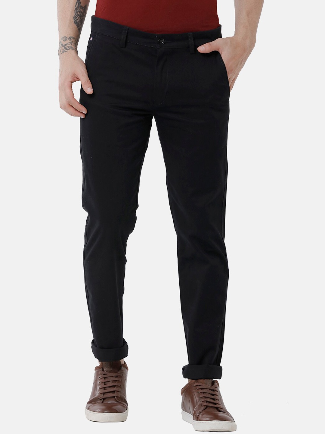 

Double Two Men Black Relaxed Straight Leg Slim Fit Low-Rise Chinos