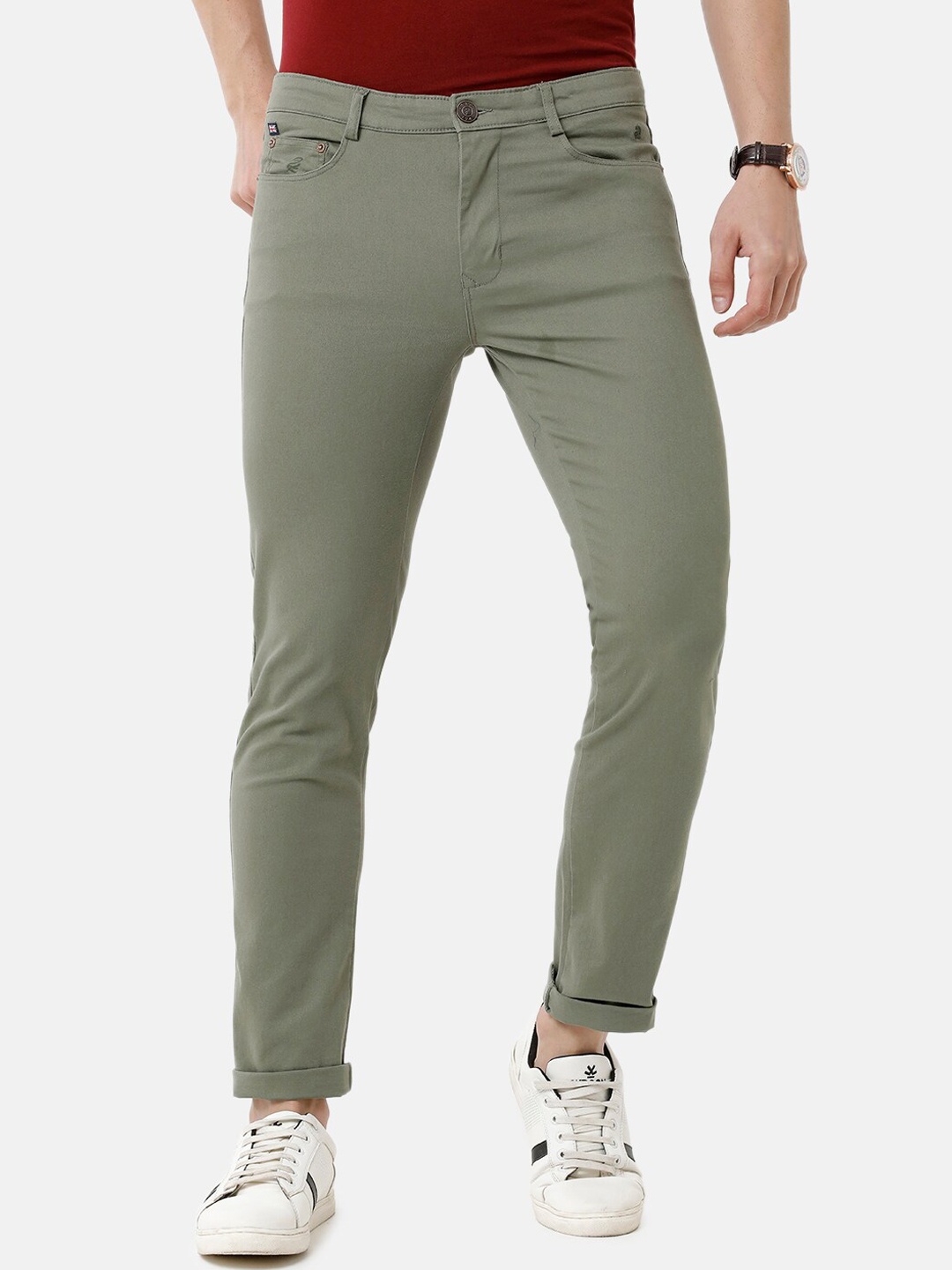 

Double Two Men Green Solid Slim Fit Low-Rise Chinos Trousers