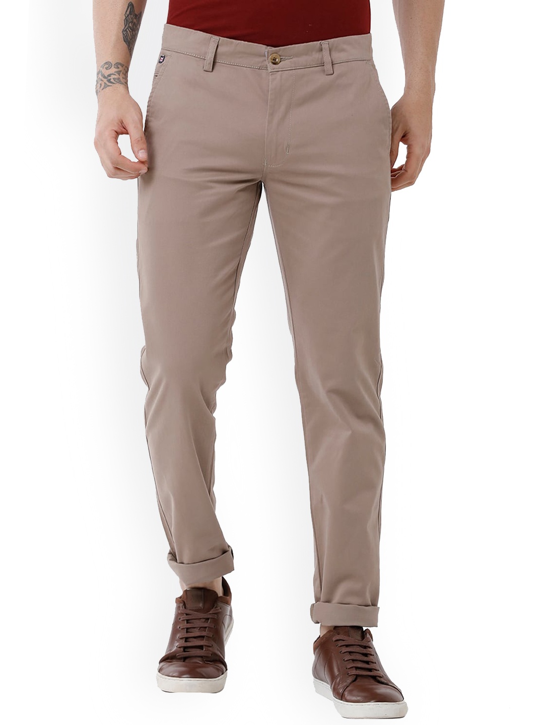 

Double Two Men Khaki Relaxed Straight Leg Slim Fit Low-Rise Trousers