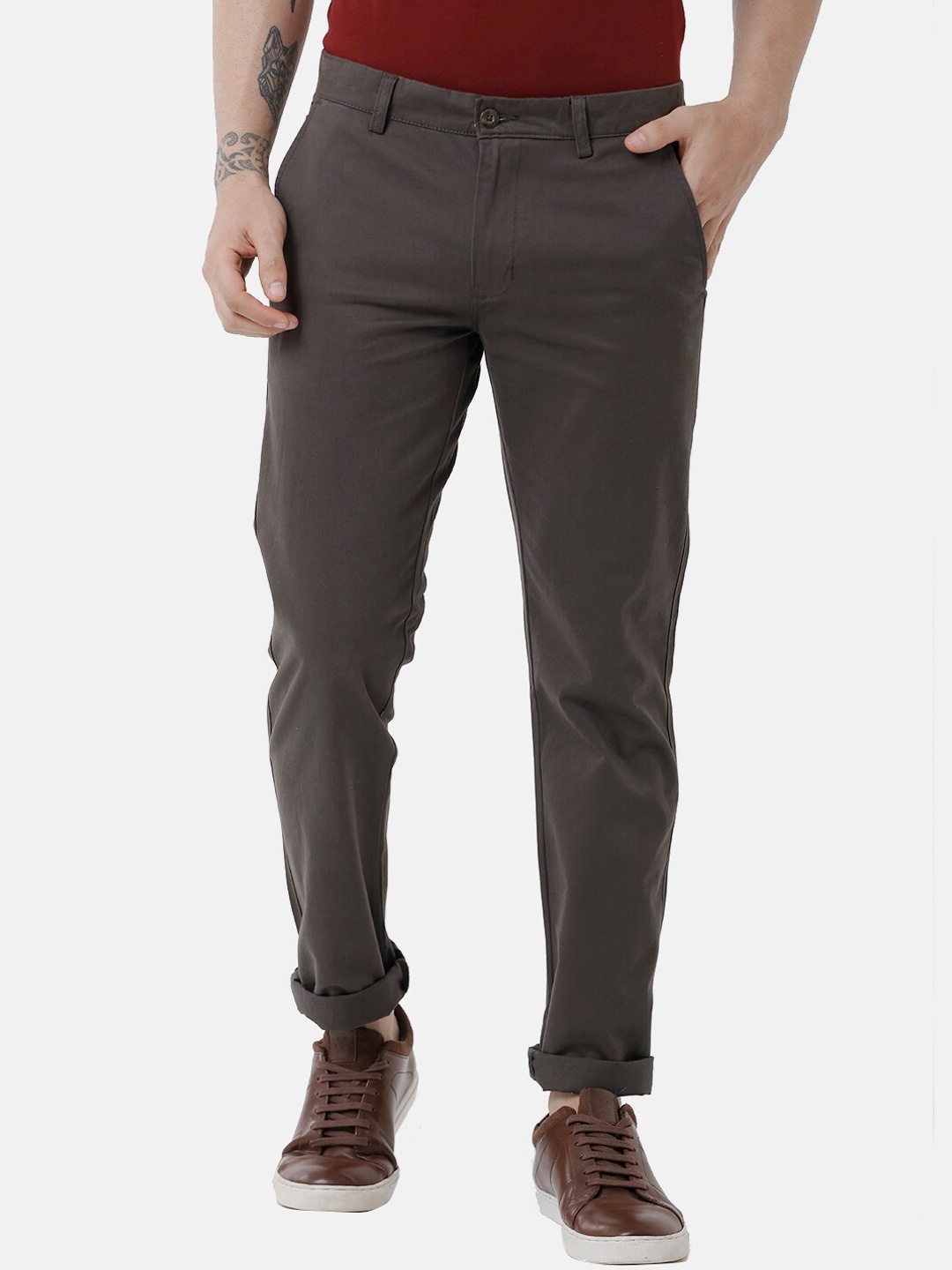 

Double Two Men Brown Relaxed Straight Leg Slim Fit Low-Rise Cotton Chinos Trousers