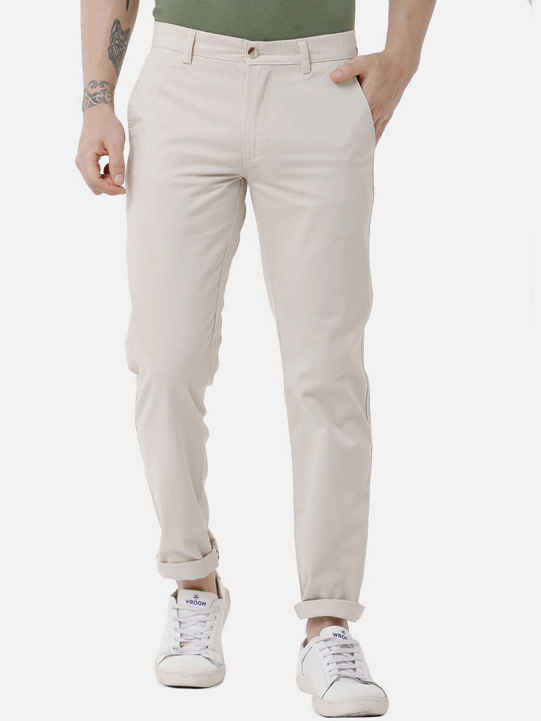 

Double Two Men Cream-Coloured Relaxed Straight Leg Slim Fit Trousers