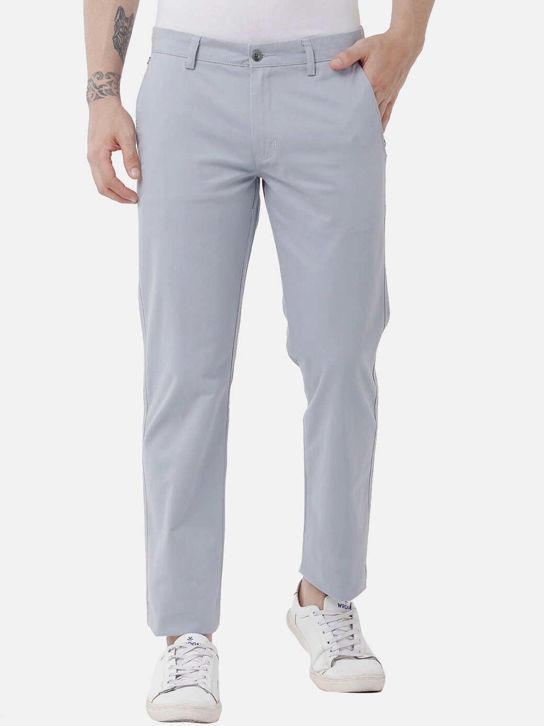 

Double Two Men Grey Relaxed Straight Leg Slim Fit Low-Rise Chinos Trousers