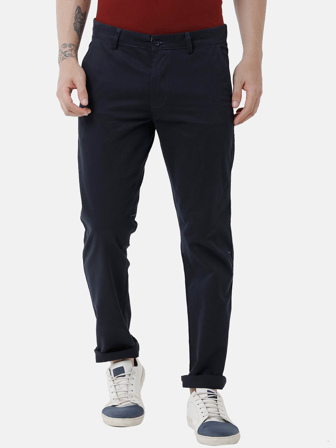 

Double Two Men Navy Blue Relaxed Straight Leg Slim Fit Low-Rise Trouser