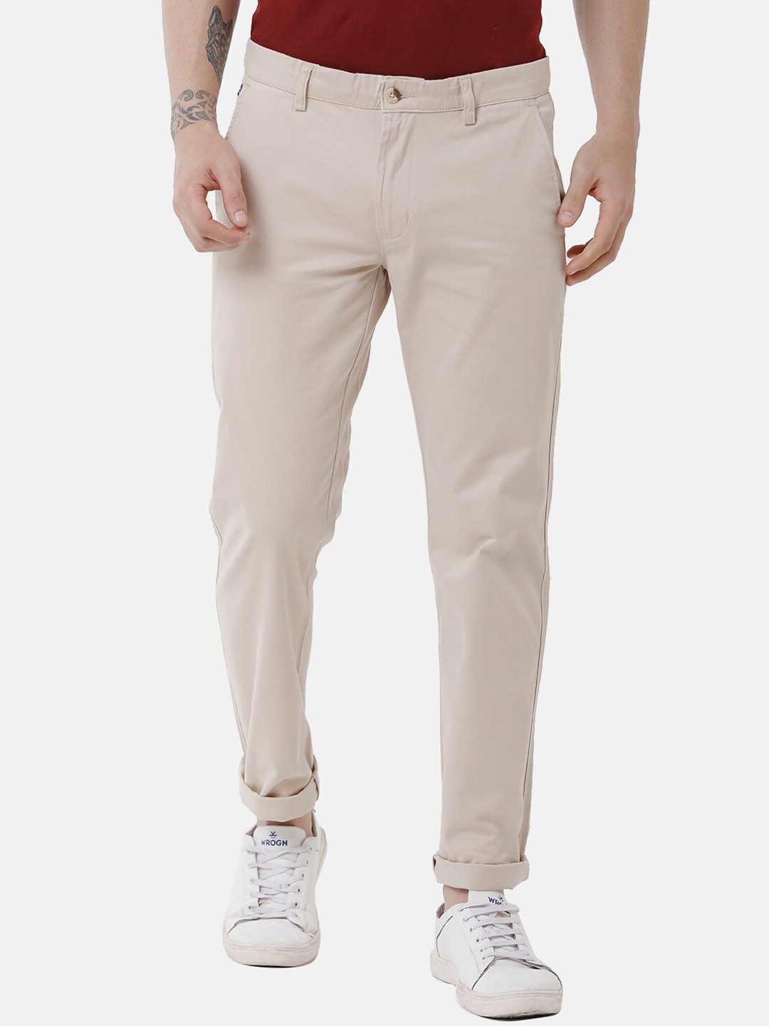 

Double Two Men Beige Relaxed Straight Leg Slim Fit Low-Rise Trousers